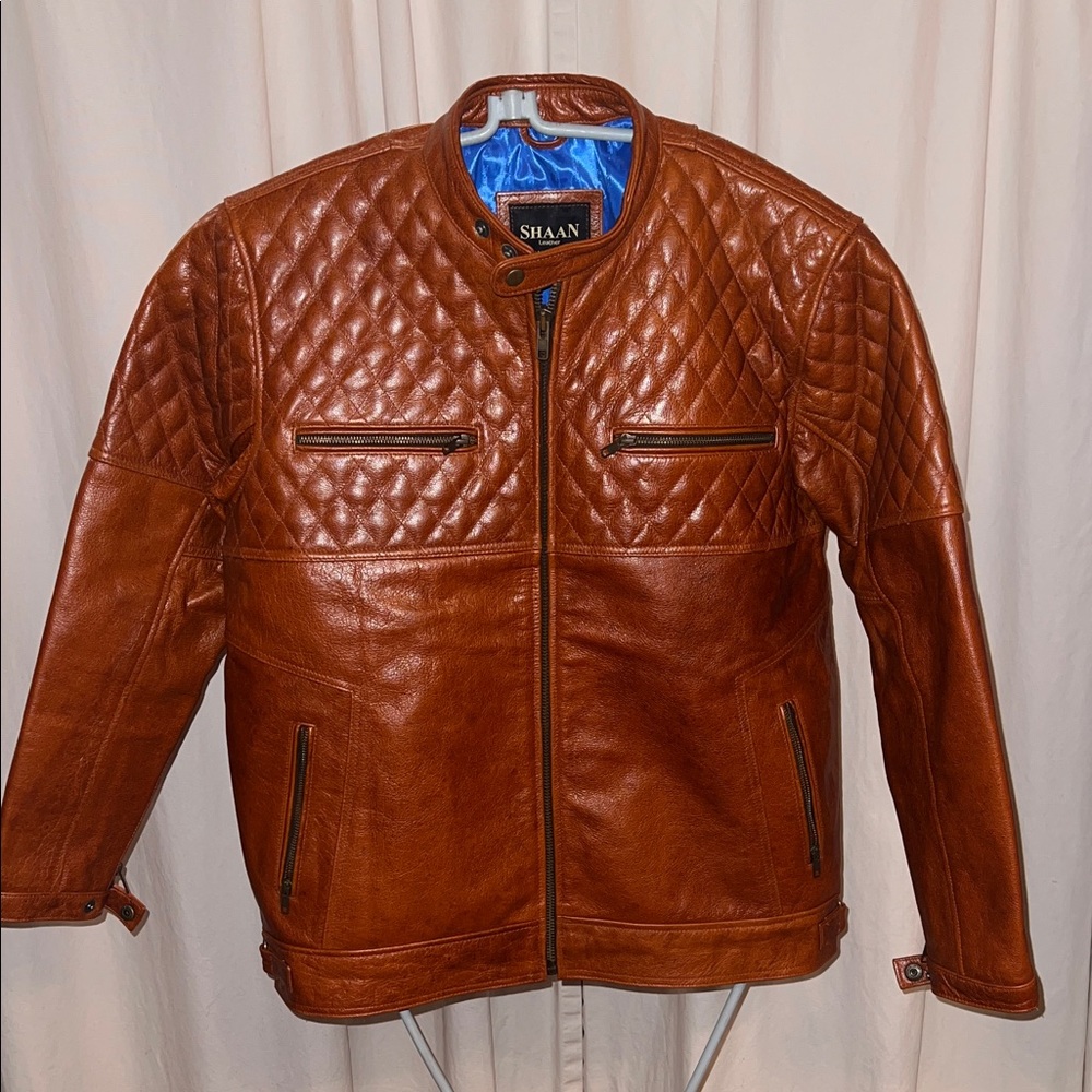Mens Rust Real Leather Quilted Bikers Jacket  Racer XL lined zippered pockets H